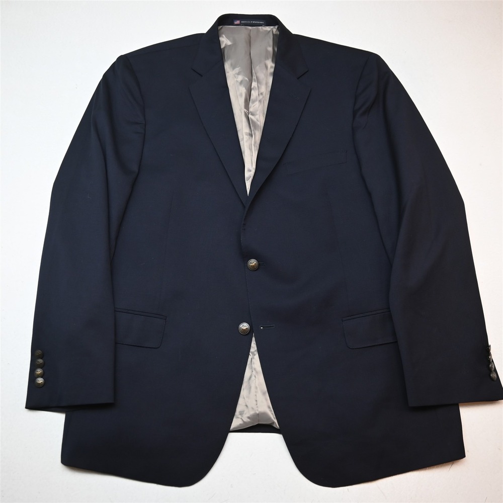 Hart Schaffner Marx 48R Navy Blue Wool Gold Button USA Blazer Jacket Sport Coat